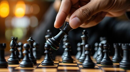 Businessmen move chess pieces. Business strategy and success concept.