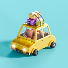 Cute yellow car with luggage on the roof ready for travel on blue background. 3D Rendering, 3D Illustration	