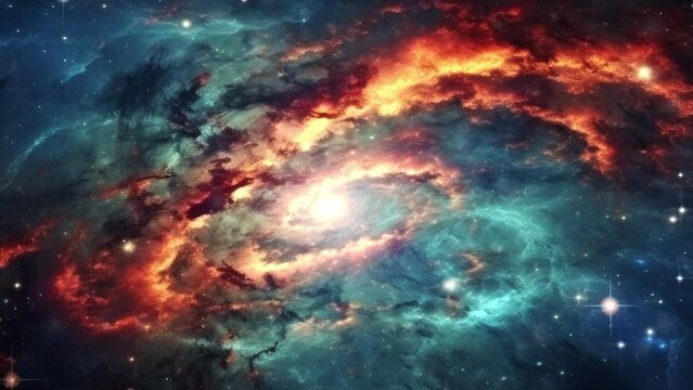 Rotating spiral galaxy. animation of flying through glowing nebulae, clouds and stars field. stellar nebula. galaxy in deep space. deep space exploration