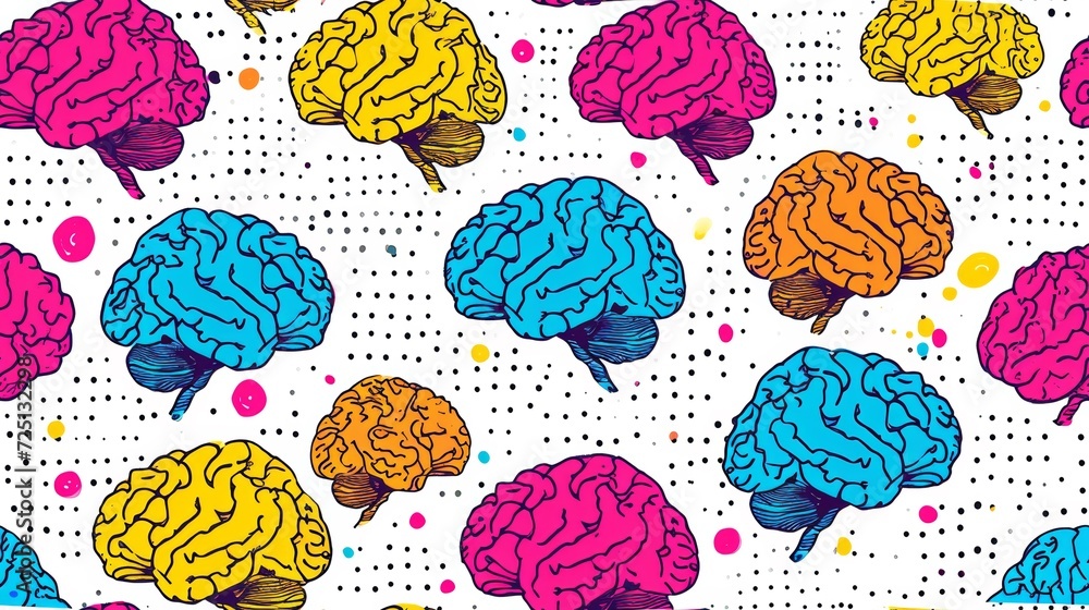 Poster a pattern of colorful brain patterns on a white background, ai