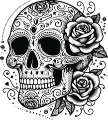 skull with roses, floral, flower, tattoo pattern, illustration, line art