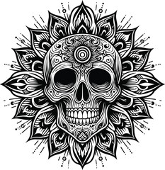 tribal skull tattoo, pattern, illustration, mandala, floral