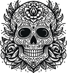 skulls and bones, floral design, black and white, white background, tattoo pattern
