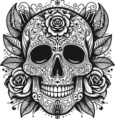 skull, tattoo art, minimal design, pattern, floral, line art, black and white