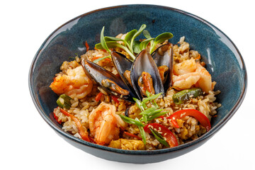 Hibachi rice with seafood on white background studio food photo 1