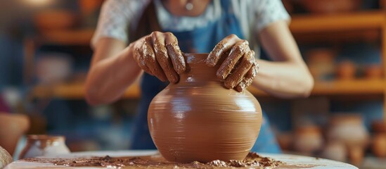 Potter crafting a clay jar with her hands.