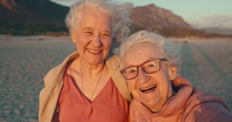 Selfie, beach and elderly women friends on a retirement vacation, adventure or holiday together. Smile, travel and senior female people with funny face photography by ocean or sea on weekend trip.