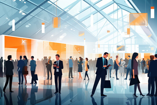 Illustrated Tradeshow Expo or Convention Showing Business Professionals Industry Trends Big Event