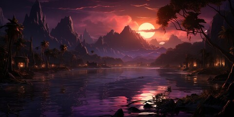 Serene fantasy landscape with river and mountains at sunset. Imaginary world. Banner.