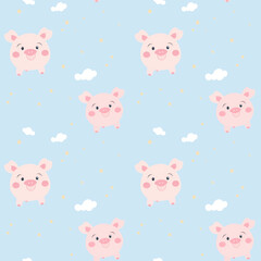 Obraz premium Watercolor cartoon little pig on pastel background seamless pattern