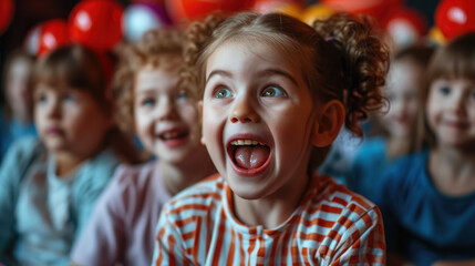surprised happy delighted children watching show at circus or movie in cinema, kids, toddler, emotional, face, portrait, person, childhood, joy, people, performance