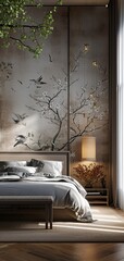 A serene bedroom with nature-inspired wallpaper, bringing the outdoors inside with calming forest and bird motifs.
