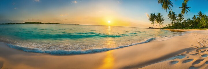 Fototapeta na wymiar Sunset on ocean beach on a tropical island with palm trees and yellow sand