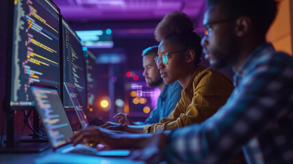 Diverse team of coding software engineers at work