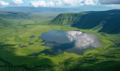 Elevated view of floor of Ngorongoro Crater from the southern edge of the crater. Looking toward Lerai Forest and the alkaline crater lake, Lake Magadi, with clouds covering the rim on other side. - obrazy, fototapety, plakaty