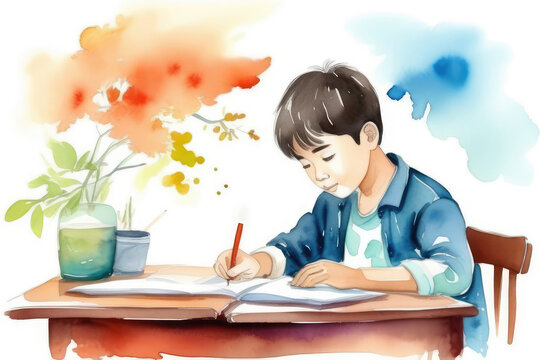 little asian boy doing homework at table, watercolor illustration. children's education