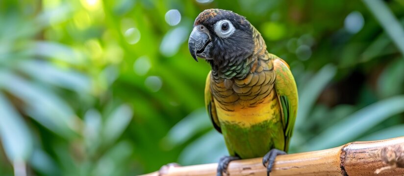 Joyful female black capped conure perched on a wooden rod gazing upwards.