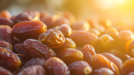 Close-up shot of dates, highlighting the texture and richness of the dates against palm tree