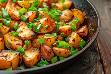 A close-up view of golden, roasted potatoes garnished with freshly chopped chives, served in a black skillet. The dish is highlighted by the natural, warm lighting.