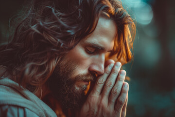 Jesus of Nazareth praying in Gethsemane, asking God for answers, solemn moment with the last light of the day on Maundy Thursday