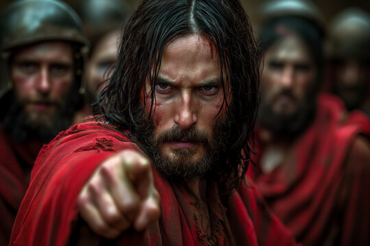 Betrayal of Judas, representation of Maundy Thursday with the treacherous apostle pointing at Jesus of Nazareth with a group of Roman soldiers