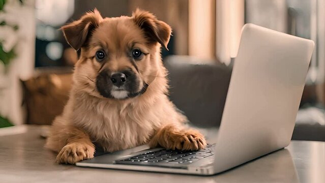 Cute puppy at laptop computer Dog looking at the screen of laptop computer at home Remote working online learning video call social media