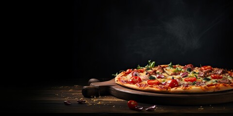Dark background with wooden pizza tray