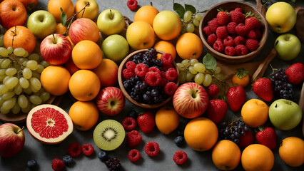 Naklejka na ściany i meble Assortment of colorful fruits (top view)