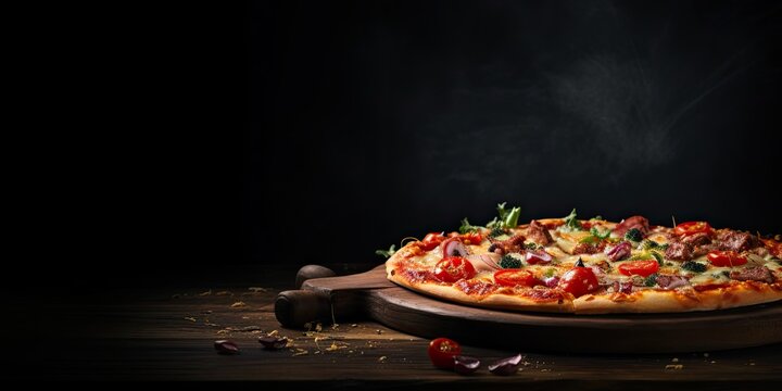 Dark background with wooden pizza tray - Powered by Adobe