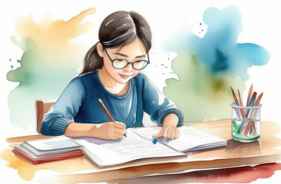little asian girl doing homework at table, watercolor illustration. children's education