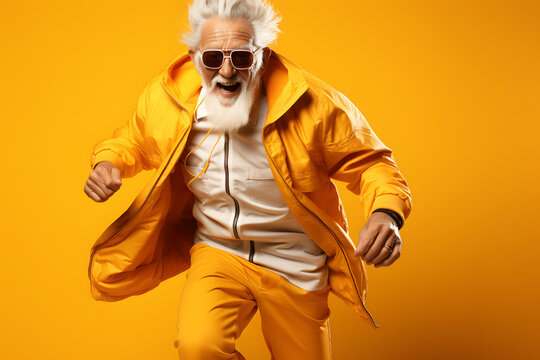 Elderly Fashionable Bearded Man In Yellow Clothes Jumping Up Emotionally On An Orange Background