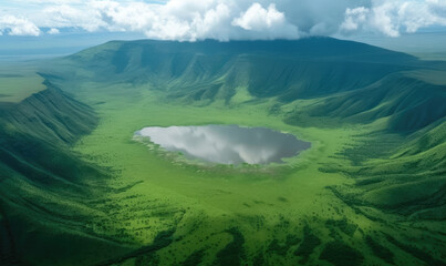 Elevated view of floor of Ngorongoro Crater from the southern edge of the crater. Looking toward Lerai Forest and the alkaline crater lake, Lake Magadi, with clouds covering the rim on other side.