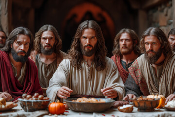 Last Supper of Jesus of Nazareth, biblical scene of the banquet with Jesus Christ and the apostles...