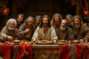 Last Supper of Jesus of Nazareth, biblical scene of the celebration banquet of Jesus Christ and his...