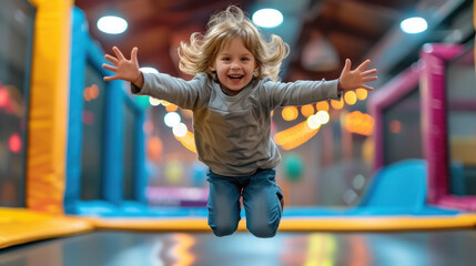 cheerful happy child jumping on a trampoline in a children's play center, kid, toddler, boy, girl, childhood, sport, active recreation, hobby, portrait, smile, emotional face, person, high, playground - obrazy, fototapety, plakaty