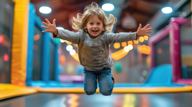 cheerful happy child jumping on a trampoline in a children's play center, kid, toddler, boy, girl, childhood, sport, active recreation, hobby, portrait, smile, emotional face, person, high, playground