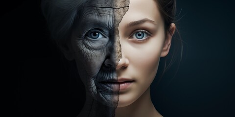 aging concept.  illustration of a comparison of young and old in one person - obrazy, fototapety, plakaty