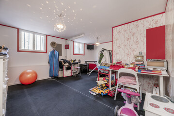 A sewing and games room in the basement