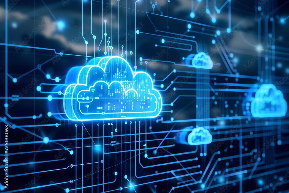 Poster a cloud computing concept with interconnected devices and data centers