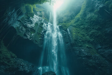 Gravity-defying waterfall, landscape capturing a waterfall flowing upward against the laws of gravity.