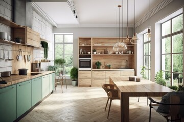 White and green walls, a sizable window, wooden counters, and a white table can all be found in a wooden kitchen. simulated toned image