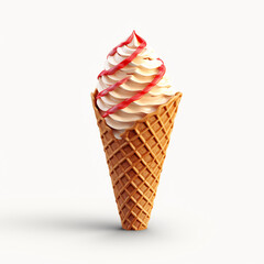 Delicious ice cream with strawberry topping in a waffle cone, isolated on a white background