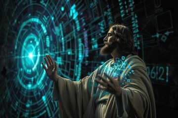 A conceptual image of jesus in a digital world Representing guidance and presence in the age of information