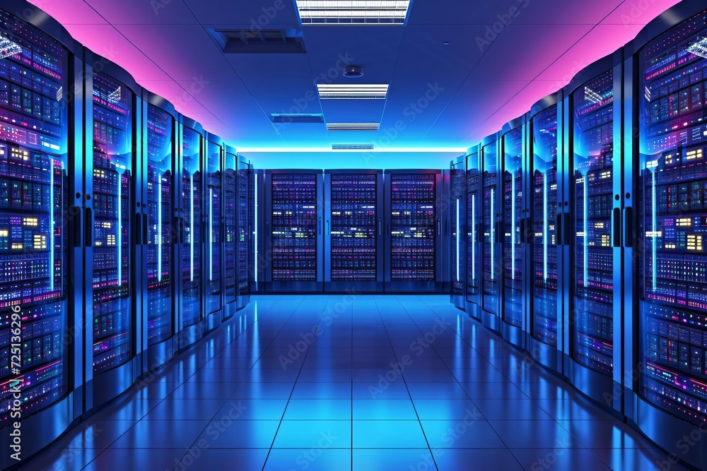 Poster a network server room with rows of servers and glowing led lights
