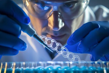 A genetic engineer modifying dna strands with precision tools