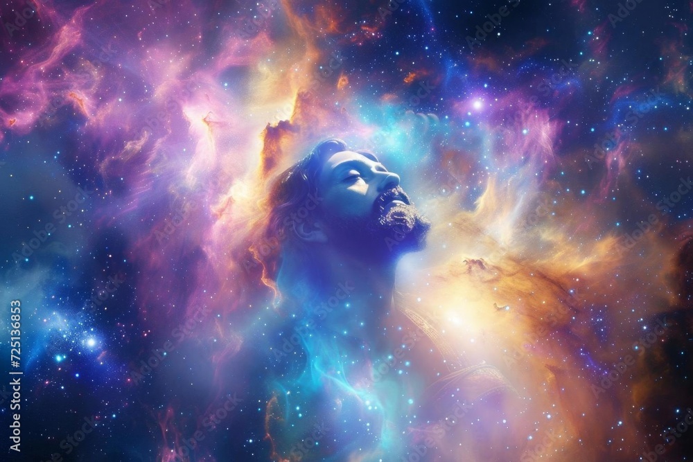 Poster jesus in a cosmic nebula symbolizing the mysteries of creation and divine presence