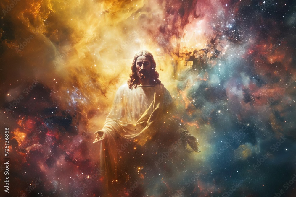 Poster jesus in a cosmic setting surrounded by stars and nebulae symbolizing the vastness of creation