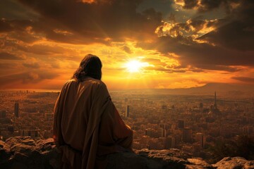 Jesus at the dawn of a new day in a bustling city Symbolizing renewal and eternal hope - obrazy, fototapety, plakaty