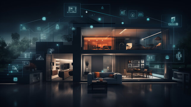 Smart House Interior: room designed for modern living, complete with digital control icons