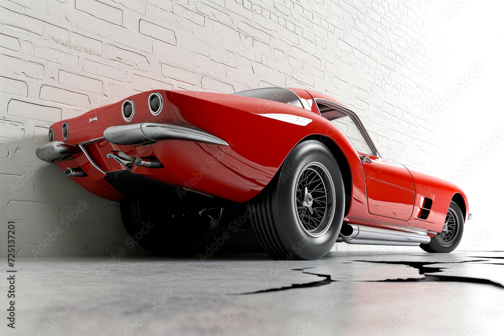 Poster retro car breaks through the wall. background with selective focus and copy space